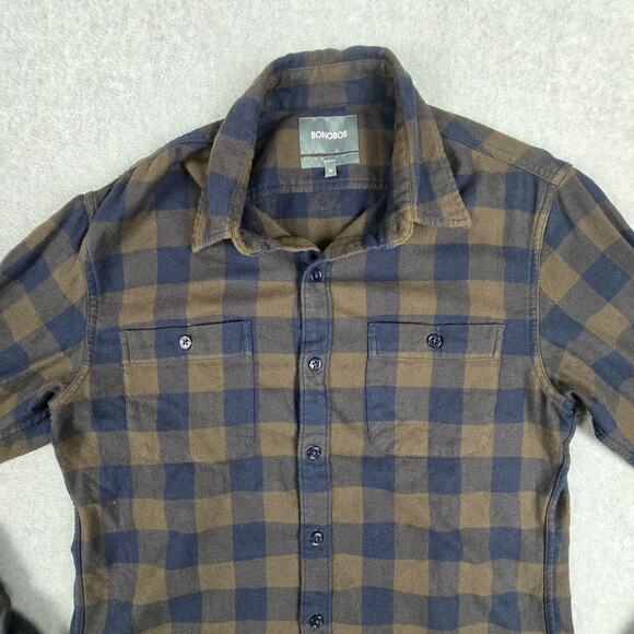 Bonobos Shirt Mens Size Medium Slim Fit Brown Navy Buffalo Plaid Flannel - Picture 5 of 16
